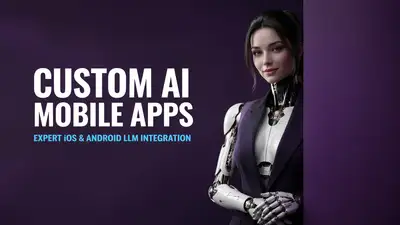 Black and white ad for AI mobile app development with a robot