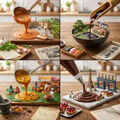2x2 grid of famous dishes as pouring-sauce food dioramas