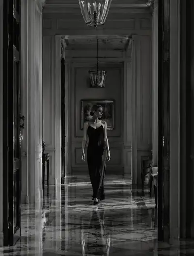 Luxury hotel corridor monochrome editorial photography