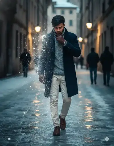Man Dissolving into Snow Cinematic Portrait