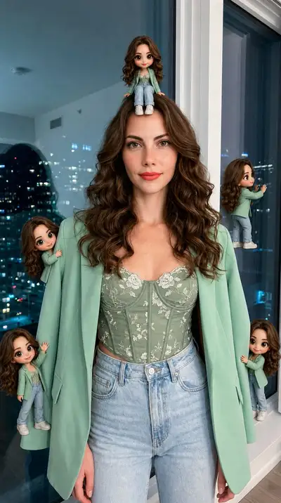 Hyper-realistic photo with mini chibi versions