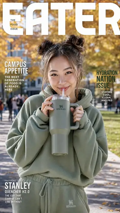 Lifestyle-Magazin-Cover mit Stanley Tumbler