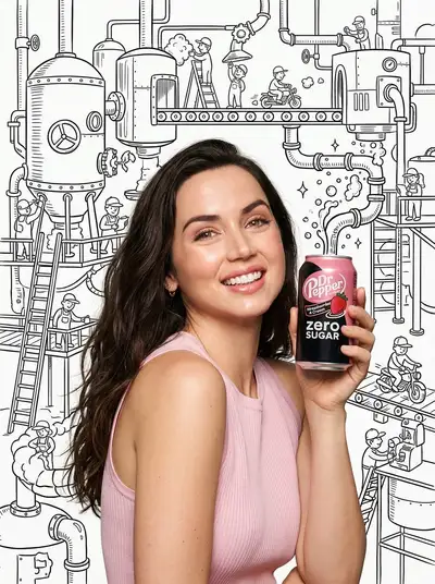 Mixed-media celebrity ad with Dr Pepper and factory illustration