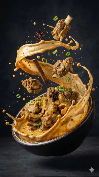 Spicy meat soup exploding in a dynamic splash