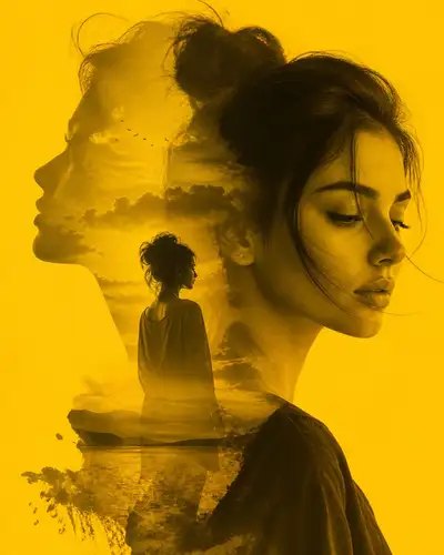 Portrait en double exposition dorée d'une femme avec une scène de lac à l'horizon