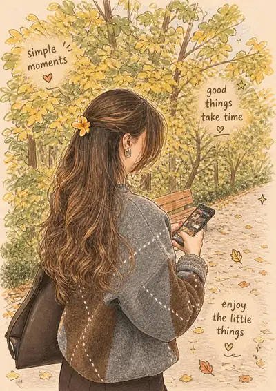 Autumn Park Woman with Handwritten Quotes