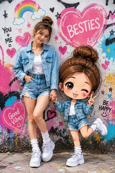 Mulher realista com seu eu cartoon chibi em foto de rua