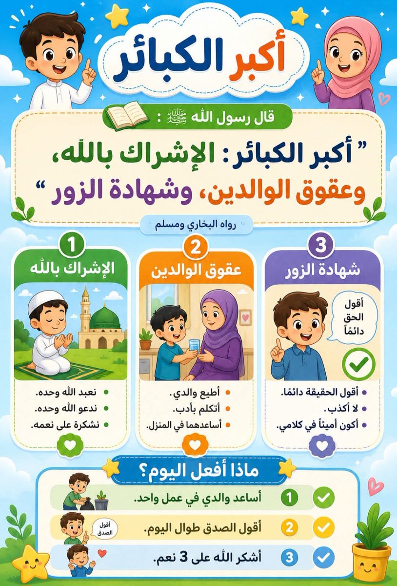 Islamic educational infographic for kids on major sins, 3D cartoon style
