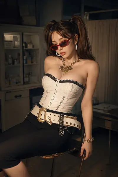 コルセットを着た魅惑的な女性のフォトリアリスティックなエディトリアルポートレート