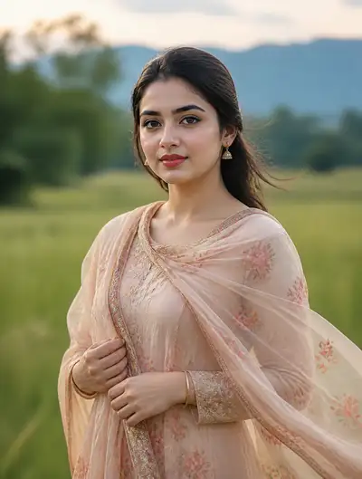 Retrato tradicional elegante de uma mulher em um campo verde, prompt em urdu