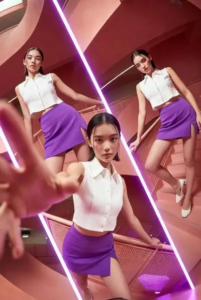 Vibrant multi-angle fashion commercial in spiral staircase
