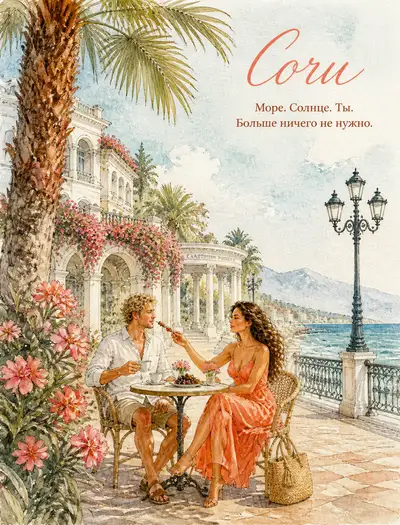Póster de viaje en acuarela de una pareja en el paseo marítimo de Sochi