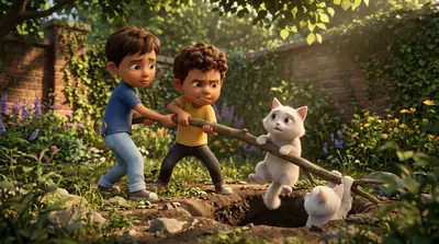 3D animated kids rescuing cats scene