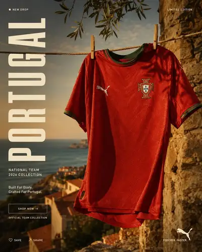Puma Portugal jersey advertising poster on a coastal clothesline