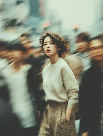 Retrato de rua cinematográfico com desfoque de movimento da multidão