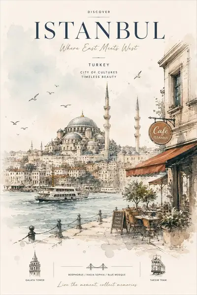 Istanbul Travel Poster Watercolor Style