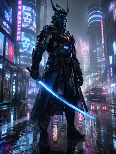 Cyber samurai in neon-lit rainy Tokyo street