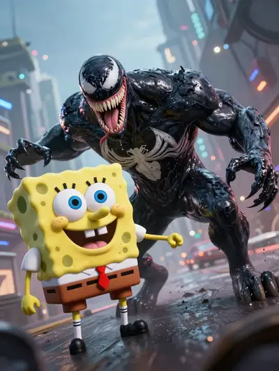 Hyperrealistic Venom and SpongeBob mashup action shot