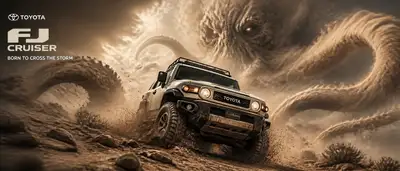 Imagen clave de Toyota FJ Cruiser en tormenta de arena con forma de pulpo