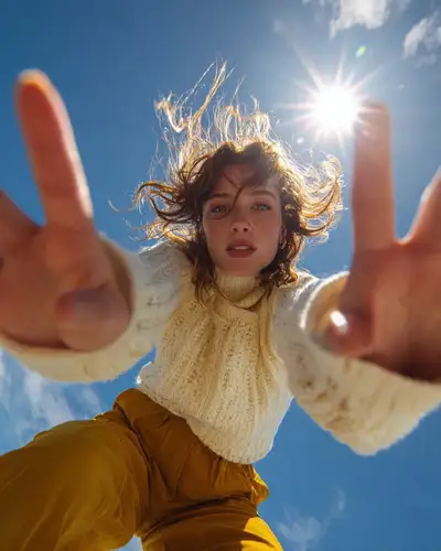 Ultra wide-angle fisheye fashion editorial portrait