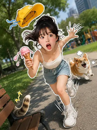 3D sticker running chase scene with corgi