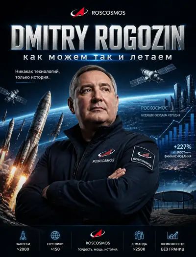 Cinematic Roscosmos Achievement Poster with Dmitry Rogozin