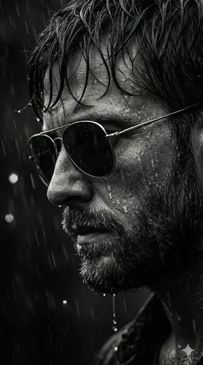 Cinematic B&W Portrait Rain Prompt