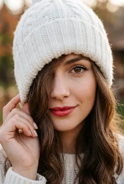 Cinematic Close-Up Portrait of Woman in Knitted Beanie