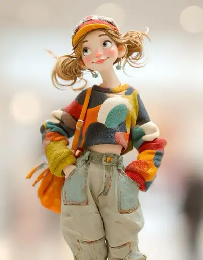 居心地の良いニットのストリートウェアを着たピクサー風3D女の子