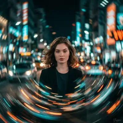 City lights spiraling around a still portrait