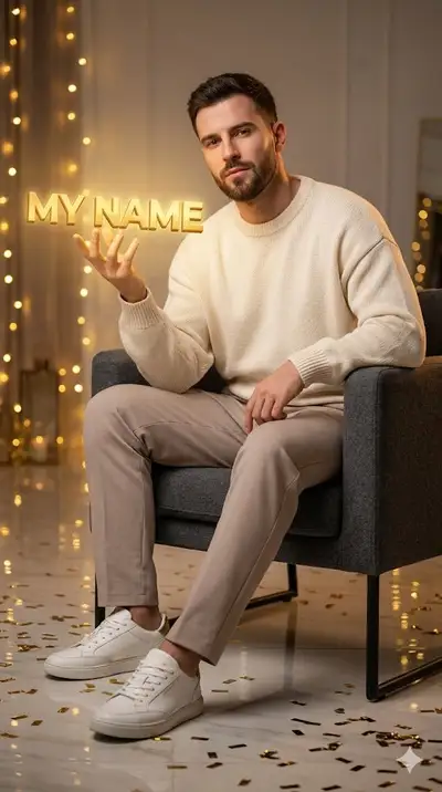 Hyper-realistic Editorial Portrait with Levitating Gold Typography