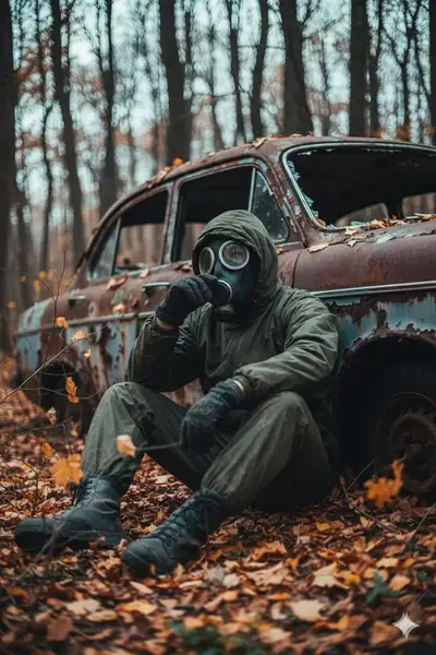 Post-apocalyptic survivor portrait in autumn forest