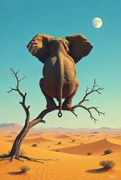 Surreal Elephant on Branch in Desert