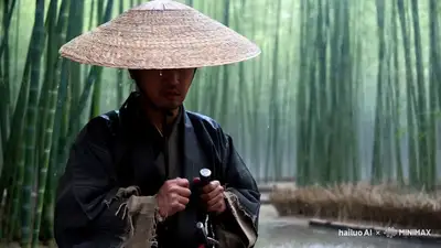 Lone Samurai in Rain-Swept Bamboo Forest