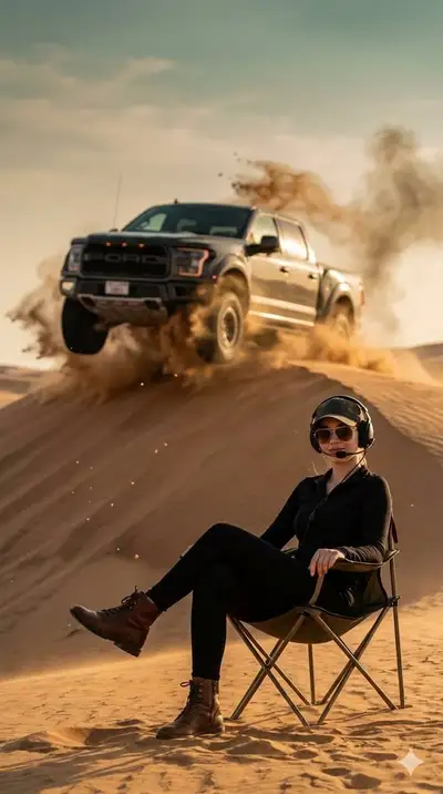 Desert dune action shot with truck explosion behind a seated woman