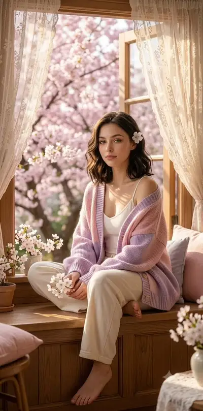Spring morning portrait beside a cherry blossom window