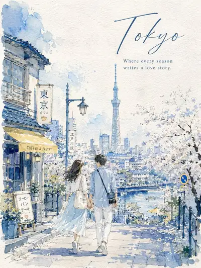 Watercolor Travel Poster of Lovers in a City