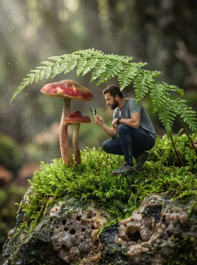 Tiny Man Exploring Moss Forest Macro Photo