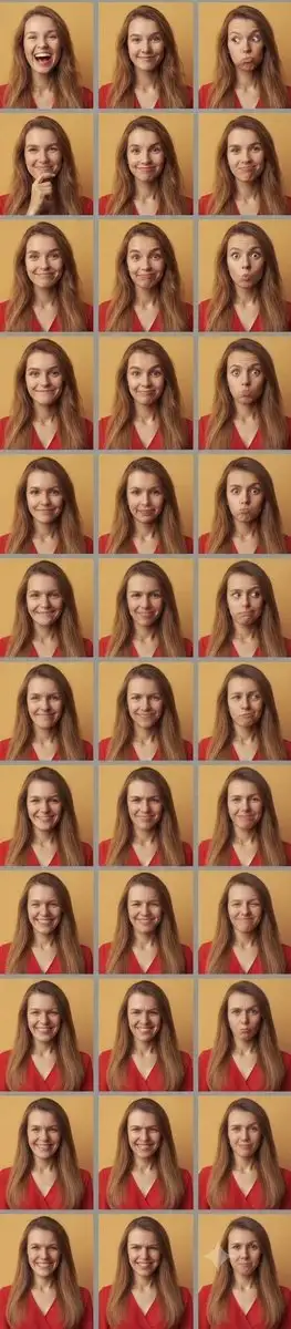 Retrato de cuadrícula multipanel de expresiones sobre fondo mostaza