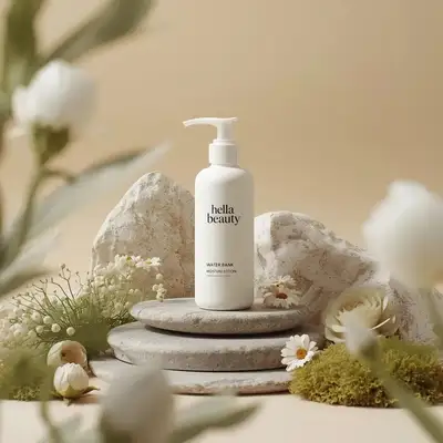 Botanical skincare pump bottle on stone with moss and flowers