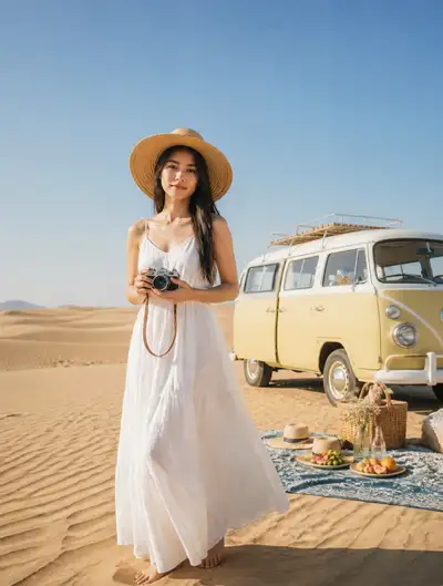 Bohemian desert travel photo with vintage camper van