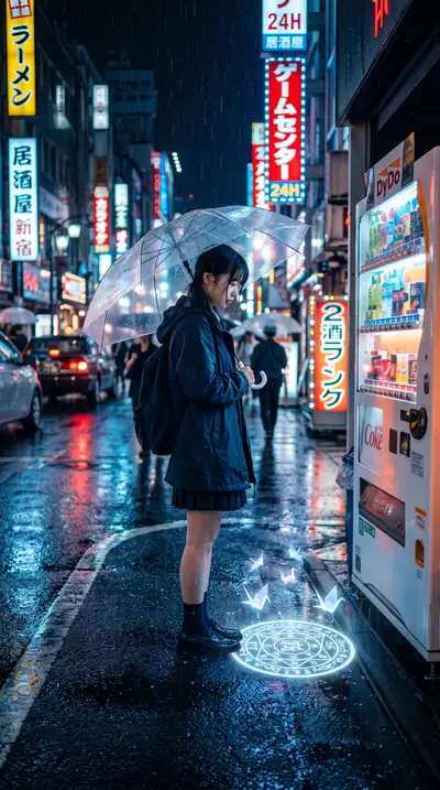 Urban fantasy sorceress in a rainy neon city at night