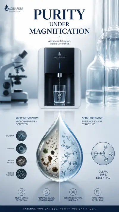 Water filter ad with microscopic purity comparison