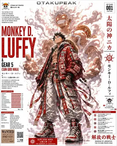 Póster de expediente de personaje anime con estadísticas y espíritu guardián