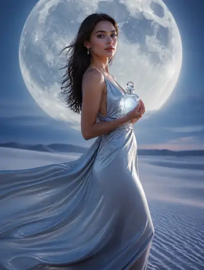 Luxury desert fragrance campaign with a glowing perfume bottle