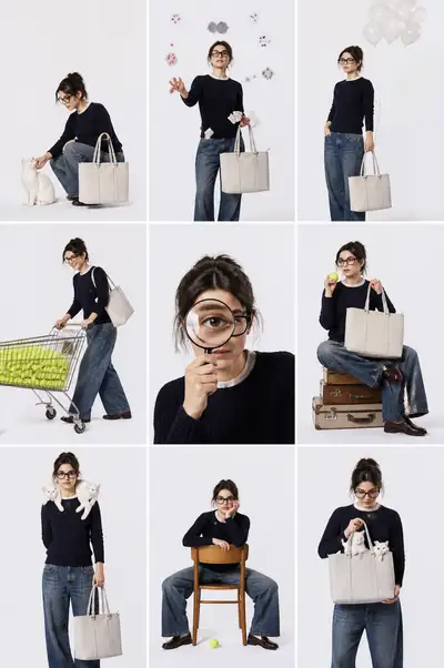 3x3 grid fashion collage, playful handbag storytelling prompt