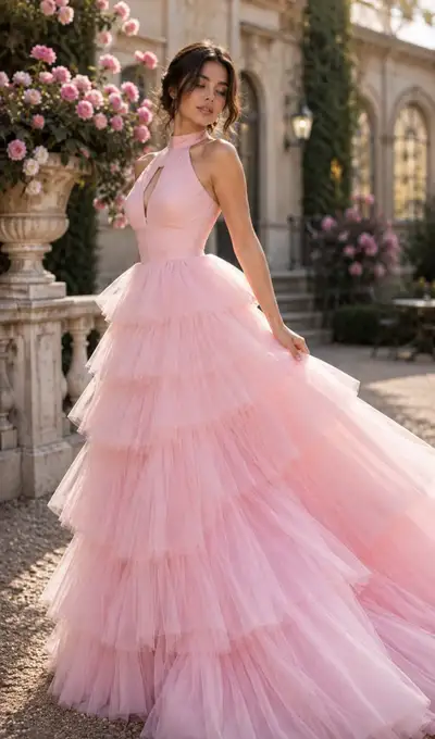 Editorial Fashion Portrait in Blush Pink Couture Gown