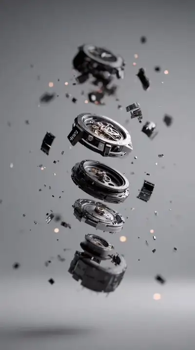 Sony watch exploding into disassembled parts, cinematic breakdown