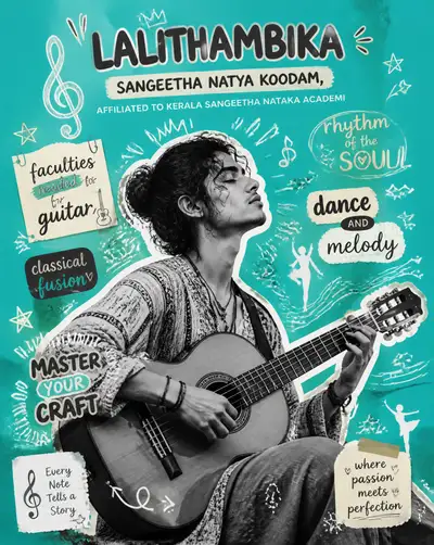 Y2K scrapbook collage poster of a student playing guitar