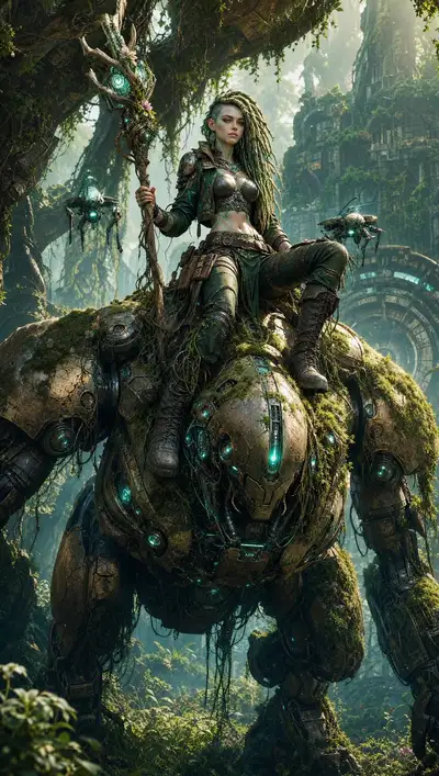Eco-Punk Girl and Ancient Mech Guardian